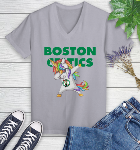 Boston Celtics NBA Basketball Funny Unicorn Dabbing Sports Women's V-Neck T-Shirt 4