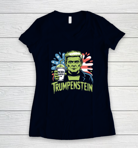 Trumpenstein Funny Iced Coffee Drink Halloween 4th of July USA Flag Women's V-Neck T-Shirt 2