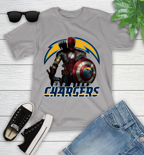 NFL Captain America Thor Spider Man Hawkeye Avengers Endgame Football San Diego Chargers Youth T-Shirt 4