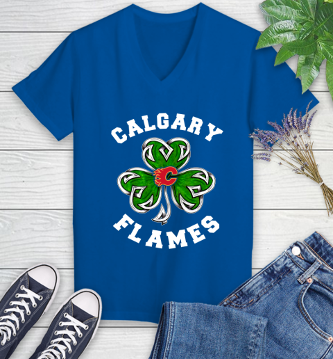 NHL Calgary Flames Three Leaf Clover St Patrick's Day Hockey Sports Women's V-Neck T-Shirt 10