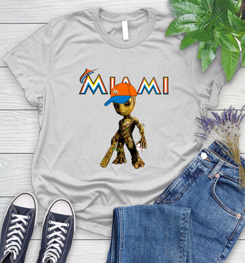 MLB Miami Marlins Groot Guardians Of The Galaxy Baseball Women's T-Shirt