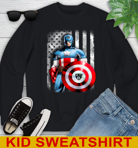 Brooklyn Nets NBA Basketball Captain America Marvel Avengers American Flag Shirt Youth Sweatshirt