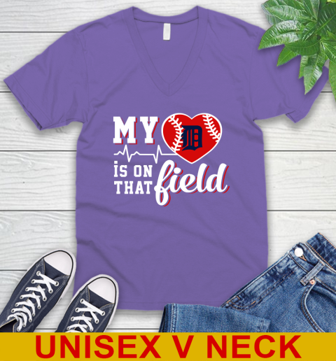 MLB My Heart Is On That Field Baseball Sports Detroit Tigers V-Neck T-Shirt 8