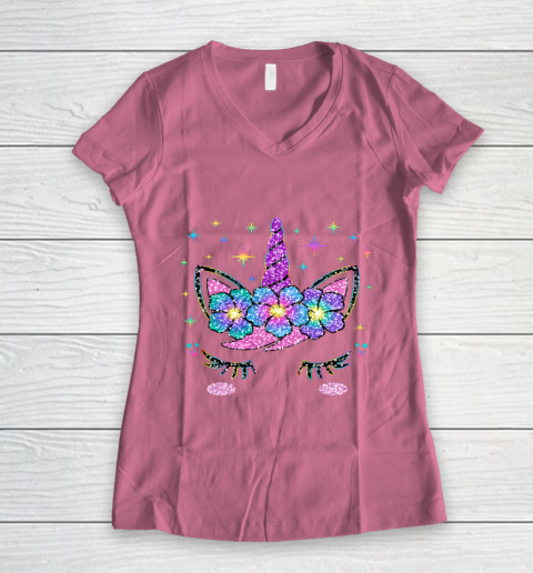 Unicorn Costume Rainbow Face Girls Women's V-Neck T-Shirt 7