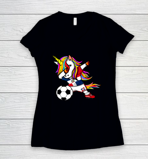 Dabbing Unicorn Dominican Republic Football Flag Soccer Women's V-Neck T-Shirt