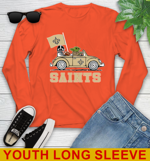 NFL Football New Orleans Saints Darth Vader Baby Yoda Driving Star Wars Shirt Youth Long Sleeve 4