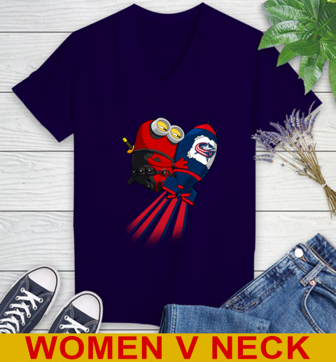 NHL Hockey Columbus Blue Jackets Deadpool Minion Marvel Shirt Women's V-Neck T-Shirt 3