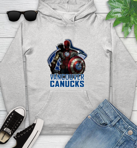 NHL Captain America Thor Spider Man Hawkeye Avengers Endgame Hockey Vancouver Canucks Youth Hoodie