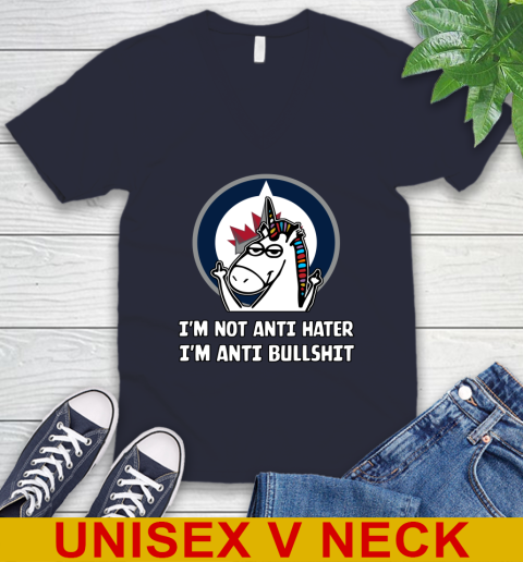 Winnipeg Jets NHL Hockey Unicorn I'm Not Anti Hater I'm Anti Bullshit V-Neck T-Shirt 3