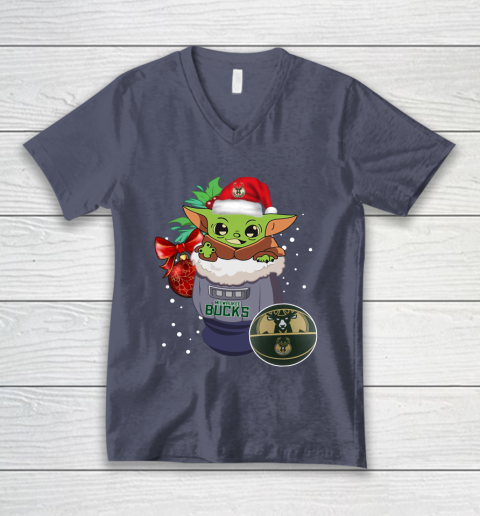 Milwaukee Bucks Christmas Baby Yoda Star Wars Funny Happy NBA V-Neck T-Shirt 8