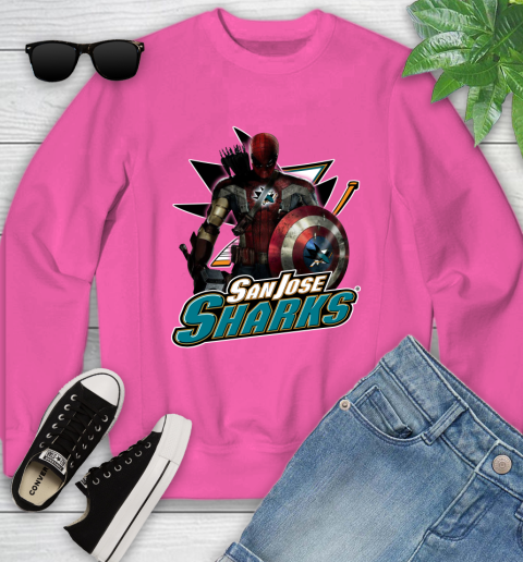NHL Captain America Thor Spider Man Hawkeye Avengers Endgame Hockey San Jose Sharks Youth Sweatshirt 7