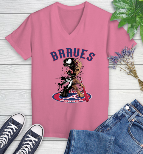 MLB Atlanta Braves Baseball Venom Groot Guardians Of The Galaxy Women's V-Neck T-Shirt 13