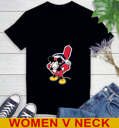 Cleveland Indians MLB Baseball Dabbing Mickey Disney Sports Women's V-Neck T-Shirt 2
