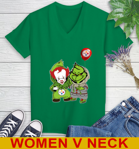Pittsburgh Steelers Baby Pennywise Grinch Christmas NFL Football Women's V-Neck T-Shirt 6