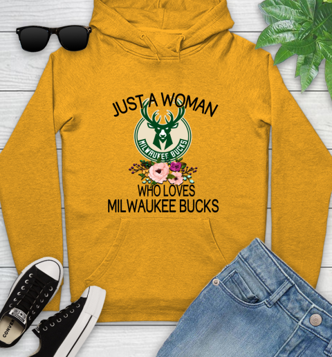 NBA Just A Woman Who Loves Milwaukee Bucks Basketball Sports Youth Hoodie 2