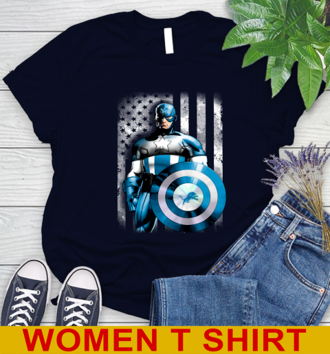 Detroit Lions NFL Football Captain America Marvel Avengers American Flag Shirt Women's T-Shirt 2