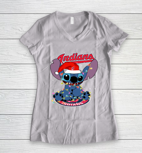 Cleveland Indians MLB noel stitch Baseball Christmas Women's V-Neck T-Shirt