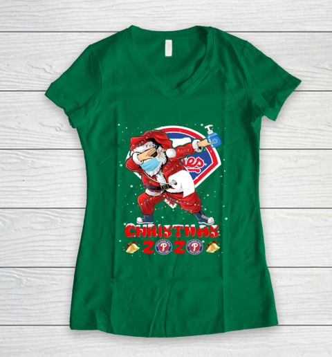 Philadelphia Phillies Funny Santa Claus Dabbing Christmas 2020 MLB Women's V-Neck T-Shirt 3