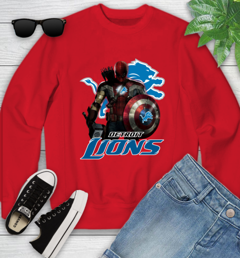 NFL Captain America Thor Spider Man Hawkeye Avengers Endgame Football Detroit Lions Youth Sweatshirt 9