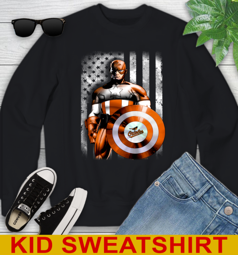 Baltimore Orioles MLB Baseball Captain America Marvel Avengers American Flag Shirt Youth Sweatshirt