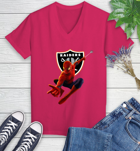 NFL Spider Man Avengers Endgame Football Oakland Raiders Women's V-Neck T-Shirt 9