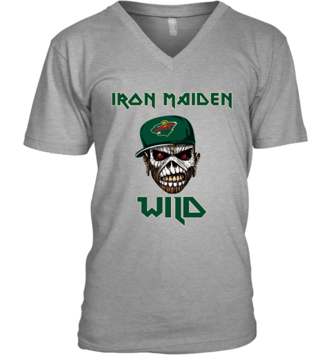 NHL Minnesota Wild Iron Maiden Rock Band Music Hockey Sports GCGtlwpmxrB v neck unisex 8 95 151514 front sport grey