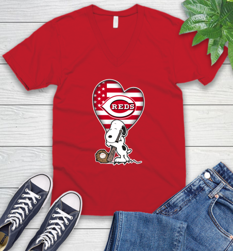 Cincinnati Reds MLB Baseball The Peanuts Movie Adorable Snoopy V-Neck T-Shirt 7