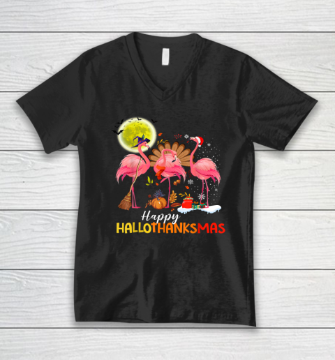 Flamingo Happy HalloThanksmas Funny Halloween Thanksgiving V-Neck T-Shirt