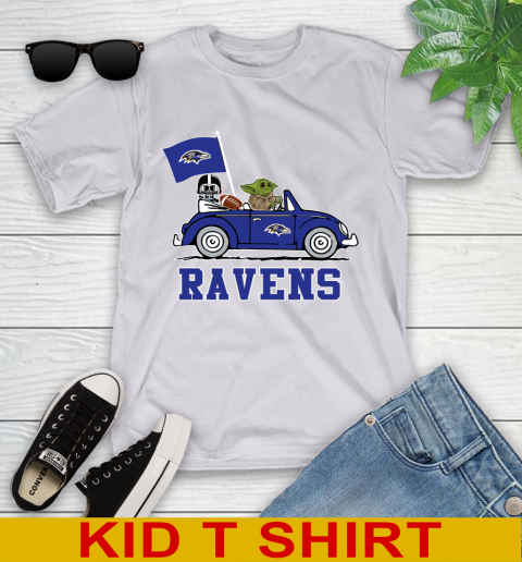 NFL Football Baltimore Ravens Darth Vader Baby Yoda Driving Star Wars Shirt Youth T-Shirt 5