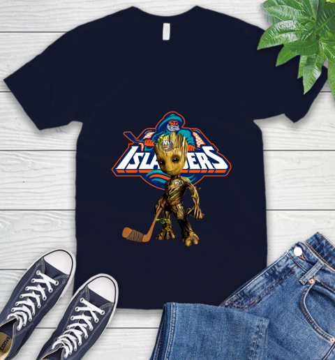 New York Islanders NHL Hockey Groot Marvel Guardians Of The Galaxy V-Neck T-Shirt 3