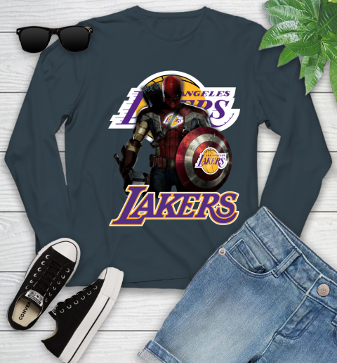 Los Angeles Lakers NBA Basketball Captain America Thor Spider Man Hawkeye Avengers Youth Long Sleeve 8