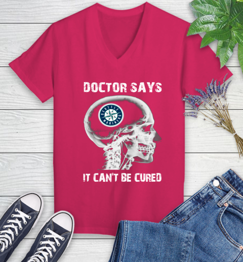MLB Seattle Mariners Baseball Skull It Can't Be Cured Shirt Women's V-Neck T-Shirt 7