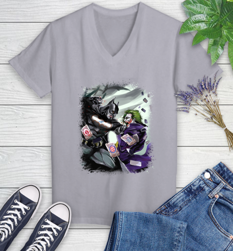 Los Angeles Dodgers MLB Baseball Batman Fighting Joker DC Comics Women's V-Neck T-Shirt 4