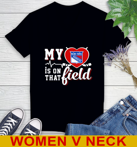 NHL My Heart Is On That Field Hockey Sports New York Rangers Women's V-Neck T-Shirt