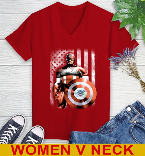 Oklahoma City Thunder NBA Basketball Captain America Marvel Avengers American Flag Shirt Women's V-Neck T-Shirt 10