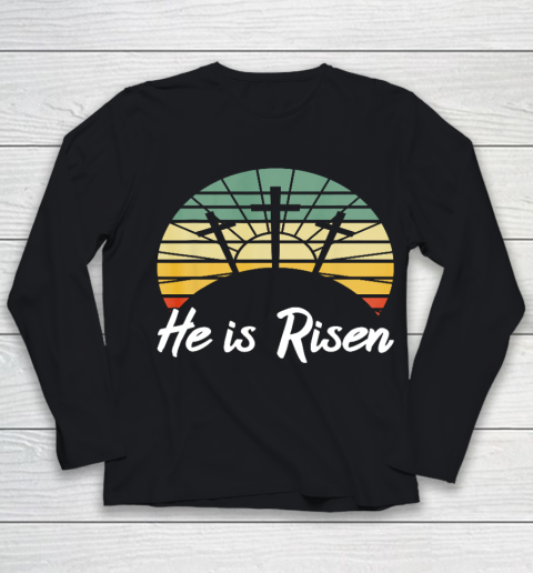 Retro He Is Risen Christian Jesus Christ Religious Easter Youth Long Sleeve