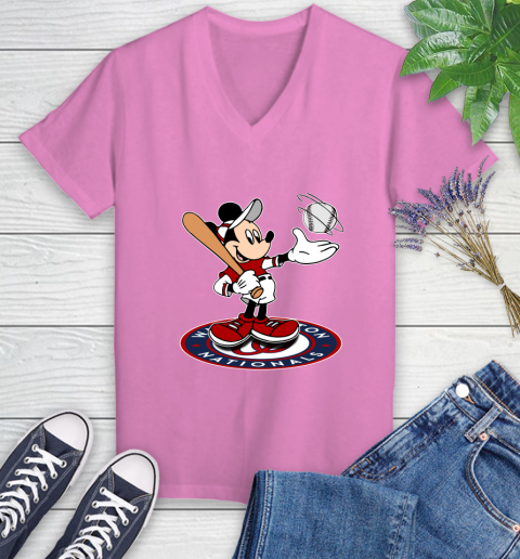 MLB Baseball Washington Nationals Cheerful Mickey Disney Shirt Women's V-Neck T-Shirt 12