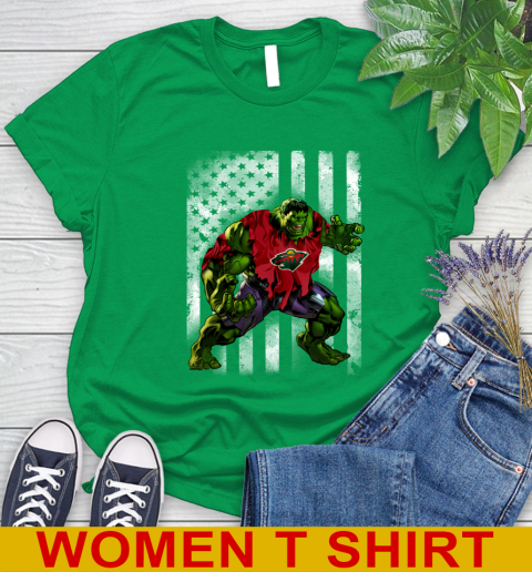 Minnesota Wild Hulk Marvel Avengers NHL Hockey American Flag Women's T-Shirt 7