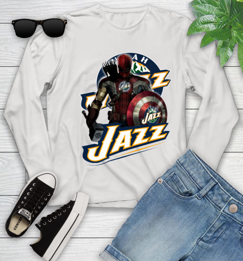 Utah Jazz NBA Basketball Captain America Thor Spider Man Hawkeye Avengers Youth Long Sleeve