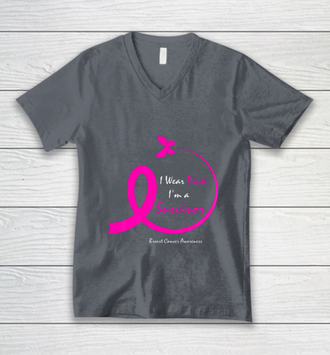 Womens Butterfly I Wear Pink I m A Survivor Breast Cancer Awareness V-Neck T-Shirt 4