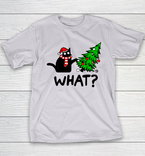 Funny Black Cat Gift Pushing Christmas Tree Over Cat What Youth T-Shirt 3