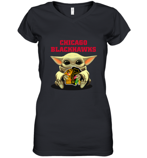 Baby Yoda Hugs The Chicago Blackhawks Ice Hockey Women's V-Neck T-Shirt