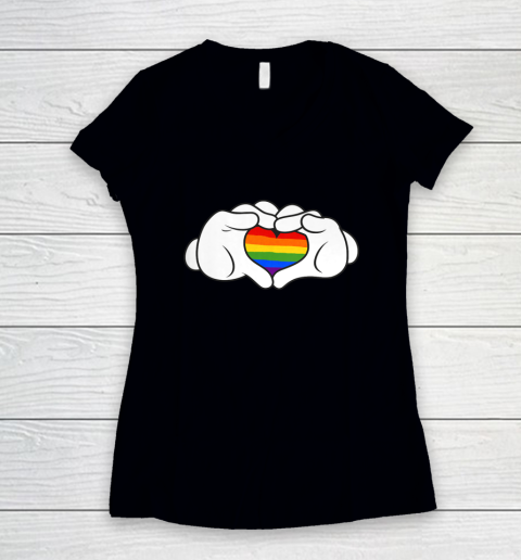 Disney Mickey And Friends Pride Mickey Gloves Rainbow Heart Women's V-Neck T-Shirt