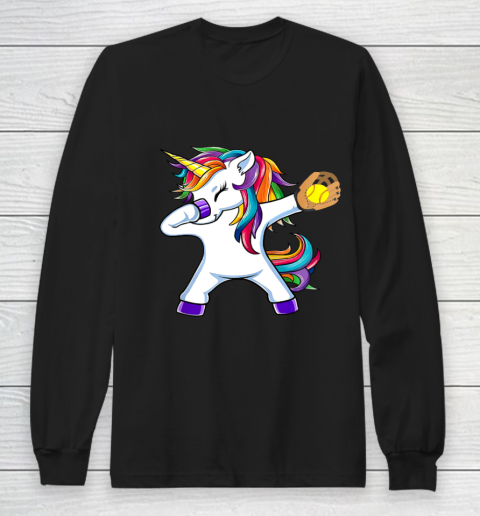Dabbing Unicorn Softball T Shirt Funny Dab Gift Long Sleeve T-Shirt