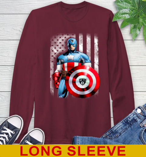 Brooklyn Nets NBA Basketball Captain America Marvel Avengers American Flag Shirt Long Sleeve T-Shirt 7