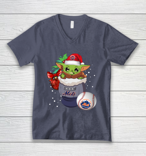 New York Mets Christmas Baby Yoda Star Wars Funny Happy MLB V-Neck T-Shirt 8