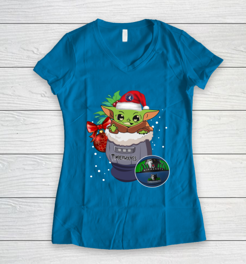 Minnesota Timberwolves Christmas Baby Yoda Star Wars Funny Happy NBA Women's V-Neck T-Shirt 7