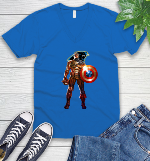NFL Captain America Marvel Avengers Endgame Football Sports Carolina Panthers V-Neck T-Shirt 6