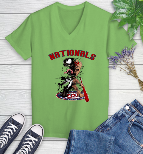 MLB Washington Nationals Baseball Venom Groot Guardians Of The Galaxy Women's V-Neck T-Shirt 11