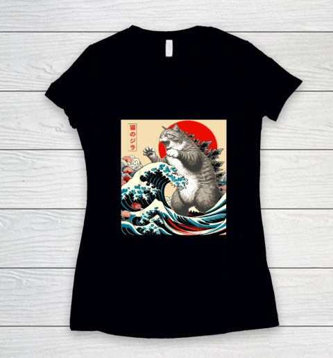 Catzilla Cat Japanese Art Funny Cat Women's V-Neck T-Shirt